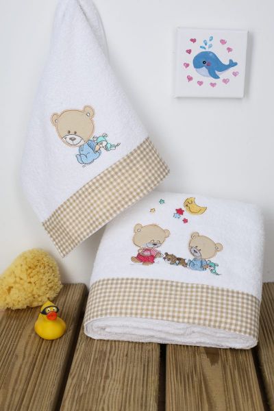 DIMcol ΠΕΤΣΕΤΑ ΣΕΤ 2 τεμ ΒΡΕΦ Cotton 100% 30X50,70X140 HAPPY BEARS 21 ΛΕΥΚΟ/ΜΠΕΖ