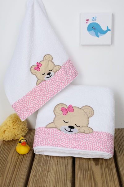 DIMcol ΠΕΤΣΕΤΑ ΣΕΤ 2 τεμ ΒΡΕΦ Cotton 100% 30X50,70X140 SLEEPING BEARS CUB 12 ΛΕΥΚΟ/ΡΟΖ