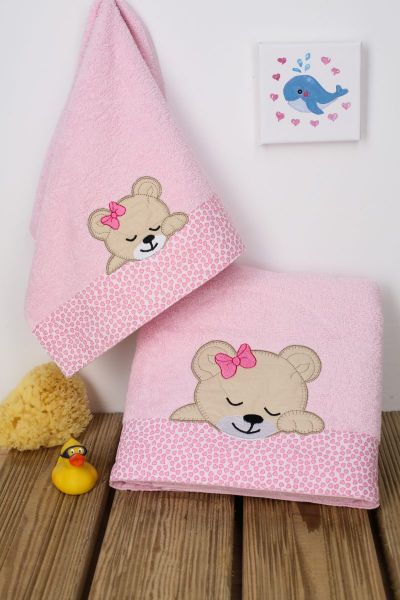 DIMcol ΠΕΤΣΕΤΑ ΣΕΤ 2 τεμ ΒΡΕΦ Cotton 100% 30X50,70X140 SLEEPING BEARS CUB 14 ΡΟΖ