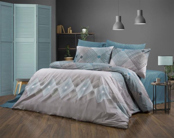 Παπλωματοθήκη Εμπριμέ Καλλιρόη 605 220X240 Grey-Petrol 70/30 Cott/Pol