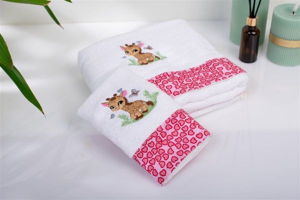 Πετσέτα Με Κέντημα Σετ 2 τεμ bebe Giraffe 172 30X50,70X140 White-Pink 100% Cotton