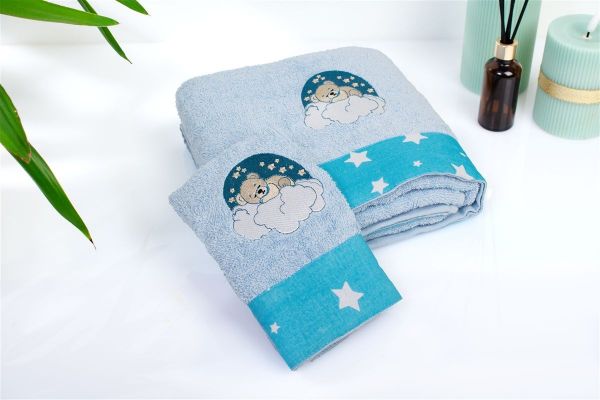 Πετσέτα Με Κέντημα Σετ 2 τεμ bebe Cloudy Bear 175 30X50,70X140 Sky Blue 100% Cotton