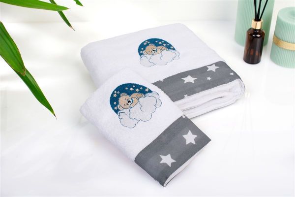 Πετσέτα Με Κέντημα Σετ 2 τεμ bebe Cloudy Bear 176 30X50,70X140 White-Grey 100% Cotton