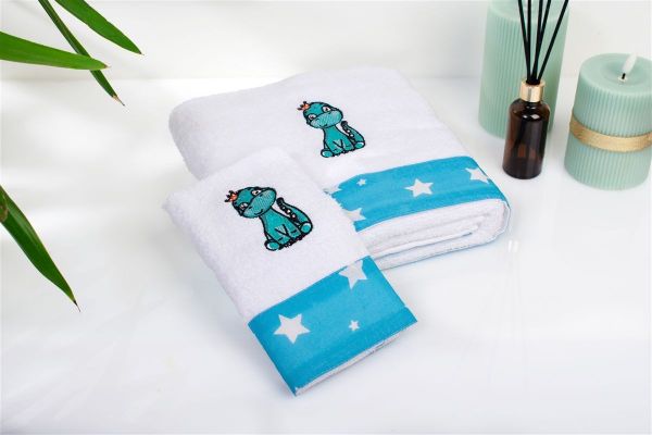 Πετσέτα Με Κέντημα Σετ 2 τεμ bebe Dinosaur 180 30X50,70X140 White-Sky Blue 100% Cotton