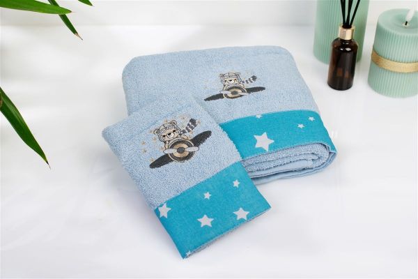 Πετσέτα Με Κέντημα Σετ 2 τεμ bebe Aviator 183 30X50,70X140 Sky Blue 100% Cotton