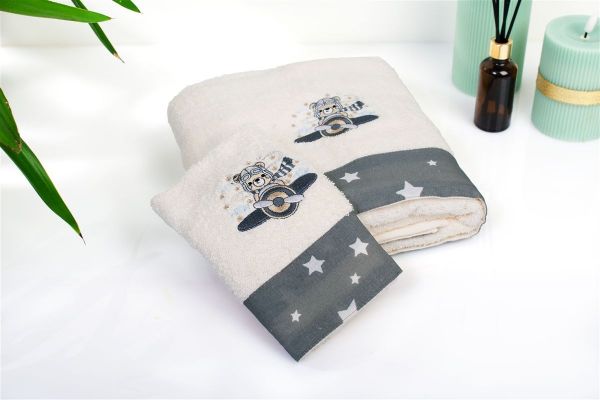 Πετσέτα Με Κέντημα Σετ 2 τεμ bebe Aviator 185 30X50,70X140 Ecru-Grey 100% Cotton