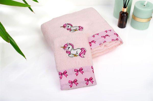 Πετσέτα Με Κέντημα Σετ 2 τεμ bebe Unicorn 187 30X50,70X140 Pink 100% Cotton