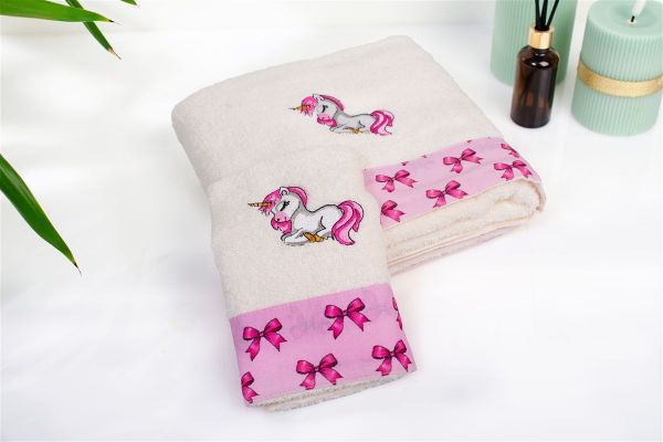 Πετσέτα Με Κέντημα Σετ 2 τεμ bebe Unicorn 189 30X50,70X140 Ecru-Pink 100% Cotton