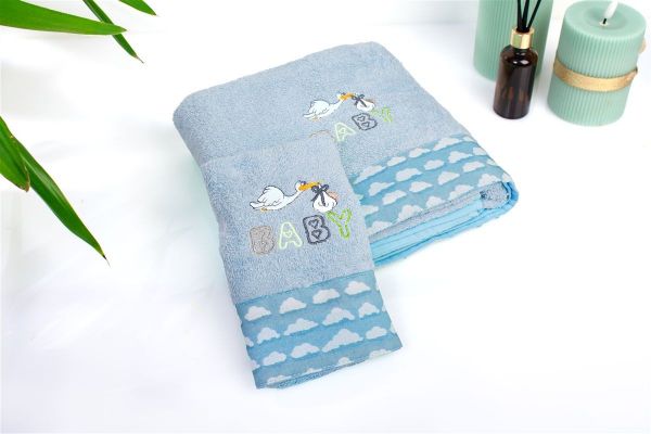 Πετσέτα Με Κέντημα Σετ 2 τεμ bebe Stork 191 30X50,70X140 Sky Blue 100% Cotton