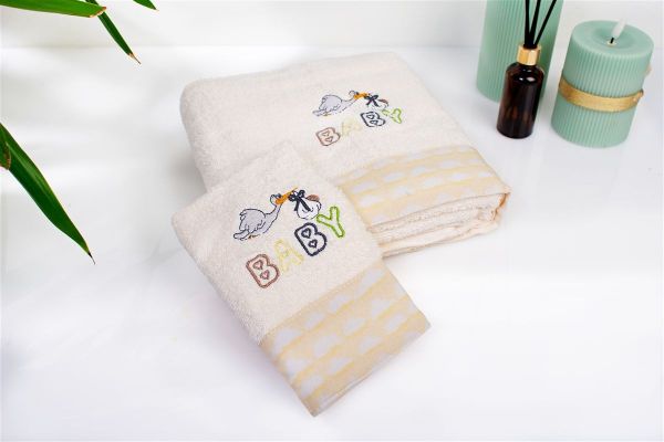 Πετσέτα Με Κέντημα Σετ 2 τεμ bebe Stork 194 30X50,70X140 Ecru-Yellow 100% Cotton