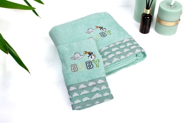 Πετσέτα Με Κέντημα Σετ 2 τεμ bebe Stork 195 30X50,70X140 Mint 100% Cotton