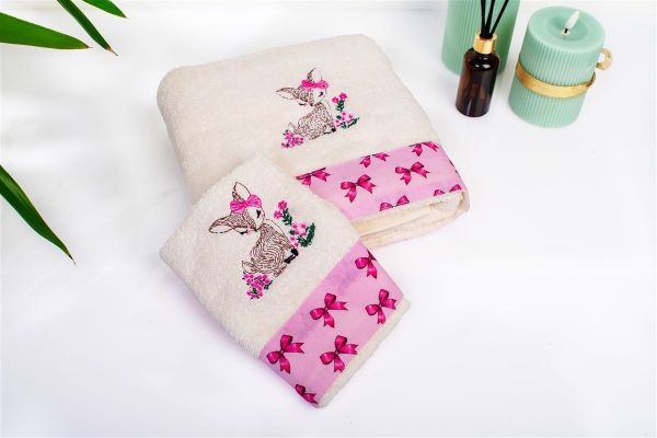 Πετσέτα Με Κέντημα Σετ 2 τεμ bebe Deer 198 30X50,70X140 Ecru-Pink 100% Cotton