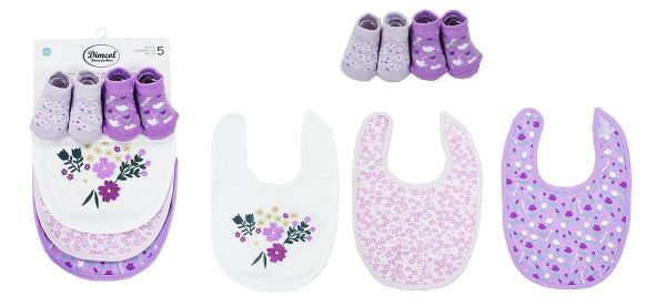 Σαλιάρα με Velcro bebe με επένδυση Terry Σετ 5 Τεμ. Flowers 27 30X20 White-Lilac 60/40 Cott/Pol