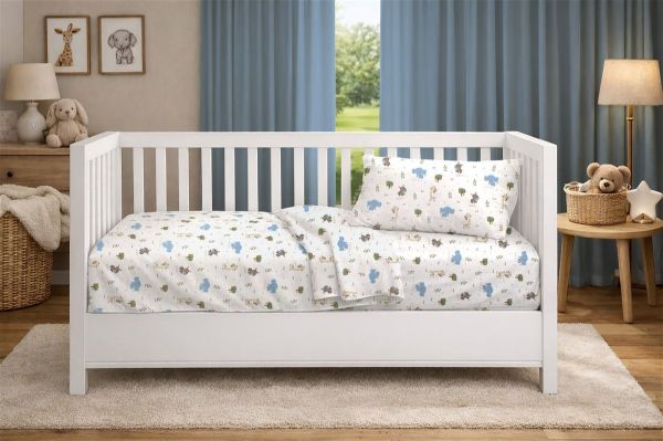 Κατωσέντονο Με Λάστιχο bebe Happy Safari 711 0,70X1,40X0,15 White-Sky Blue 100% Cotton