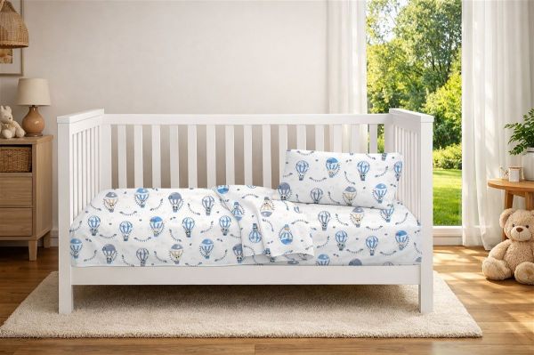 Σεντόνια Εμπριμέ Σετ 3 τεμ bebe The Floating Zoo 596 120X160 White-Blue 100% Cotton