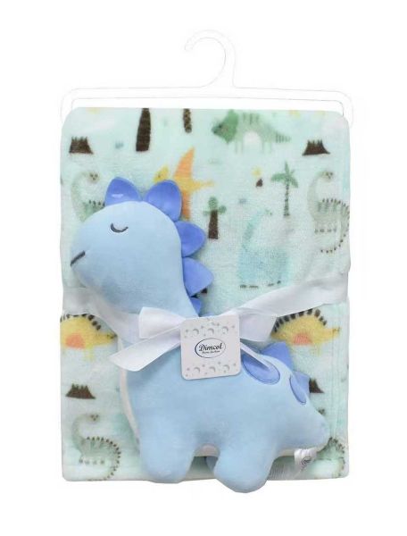Λούτρινο Ζωάκι Σετ 2 Τεμ. bebe Dinosaur 22 Ύψος 25 cm & Εμπριμέ Κουβέρτα Coral Fleece 75x100 cm Sky Blue 100% Polyester