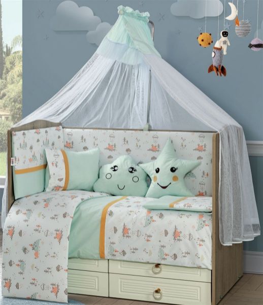 Προίκα Μωρού Εμπριμέ Σετ 9 τεμ bebe Forest 10 White-Mint 100% Cotton