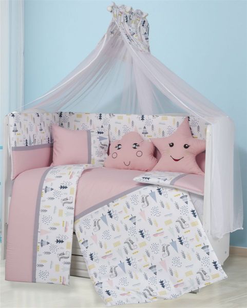 Προίκα Μωρού Εμπριμέ Σετ 9 τεμ bebe Forest 12 White-Pink 100% Cotton