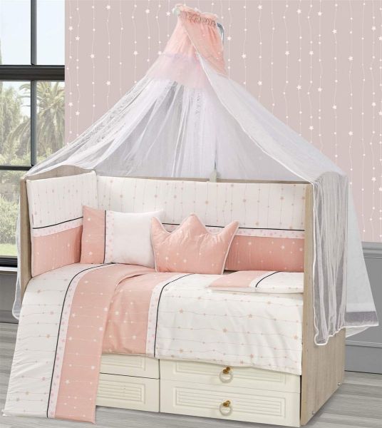 Προίκα Μωρού Εμπριμέ Σετ 9 τεμ bebe Stars 15 White-Coral Pink 100% Cotton