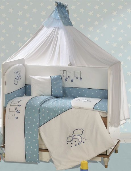 Προίκα Μωρού Με Κέντημα Σετ 9 τεμ bebe Sweet Dreams 10 White-Sky Blue 100% Cotton